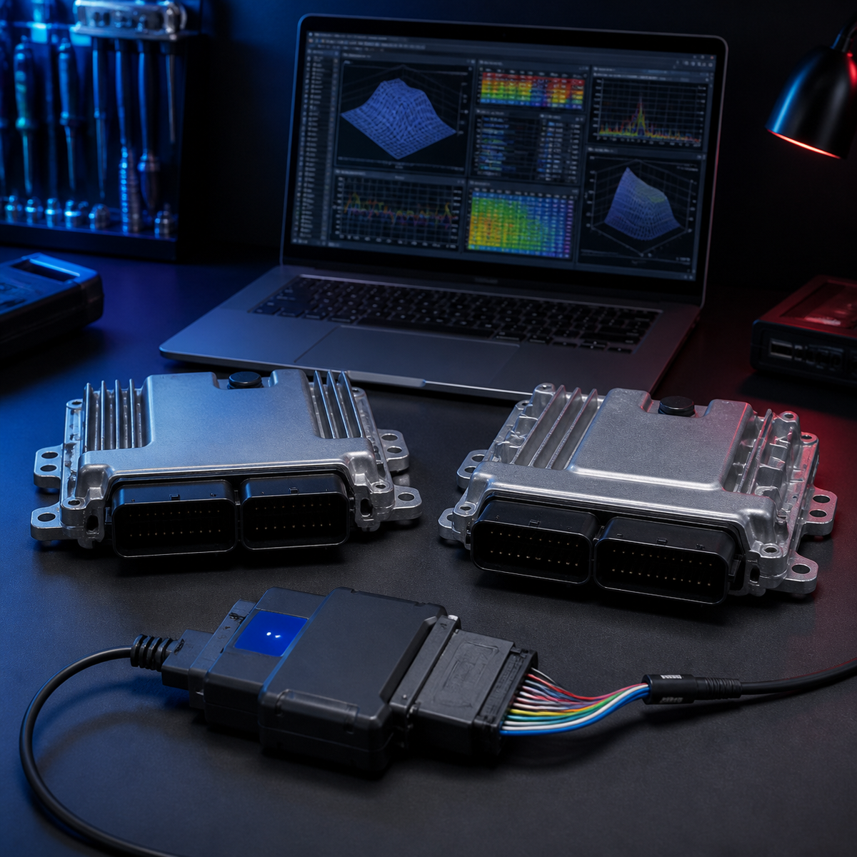 BMW DME modules connected to professional bench-programming equipment