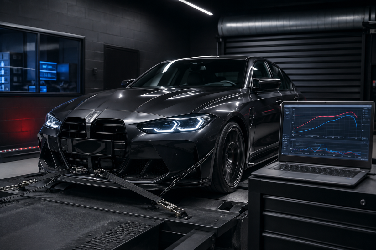 BMW performance car on a chassis dyno during calibration